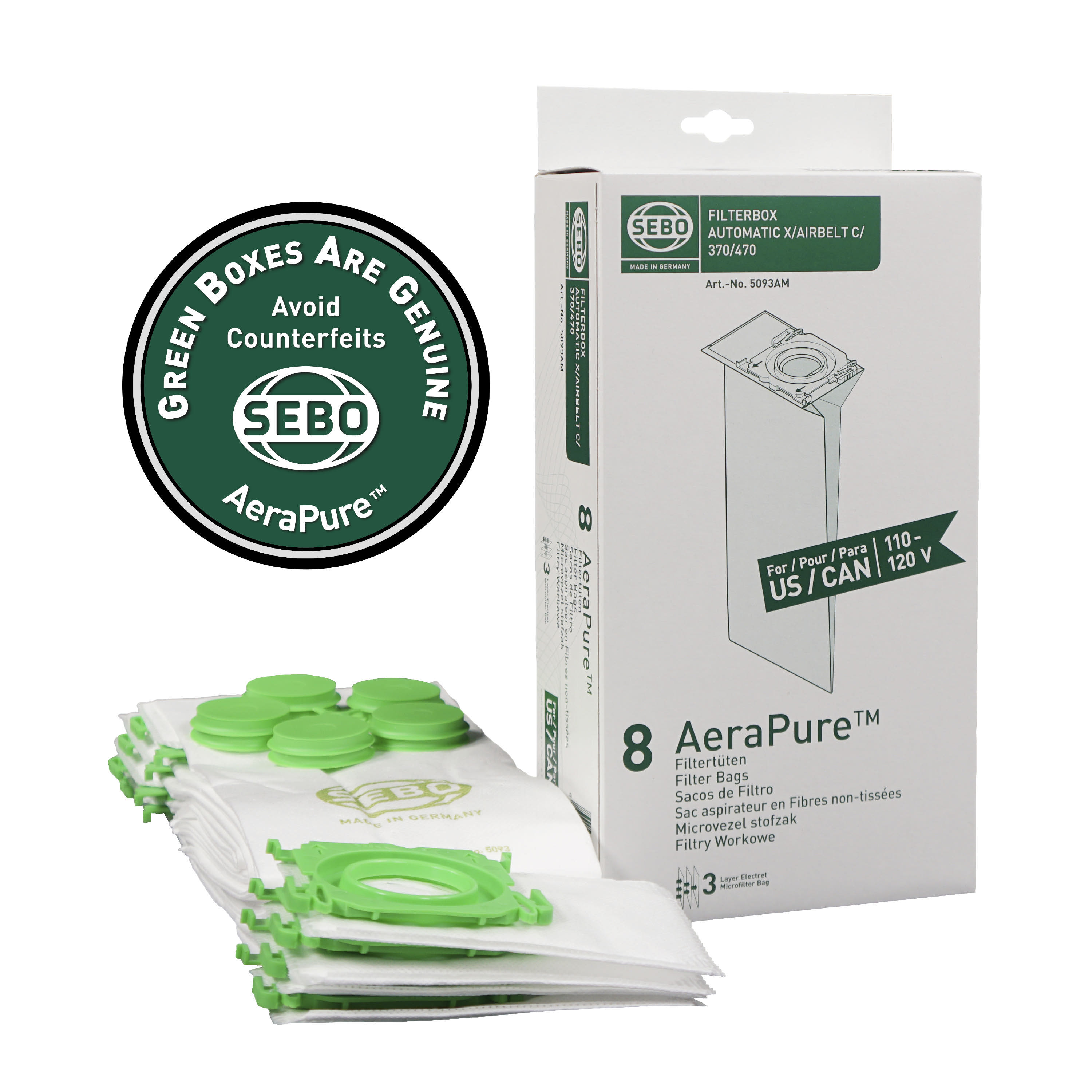 Filter Bag Box - X, G, C, 300, 350, and 370 (1 piece), 8 three-layer AeraPure Bags with caps per box 